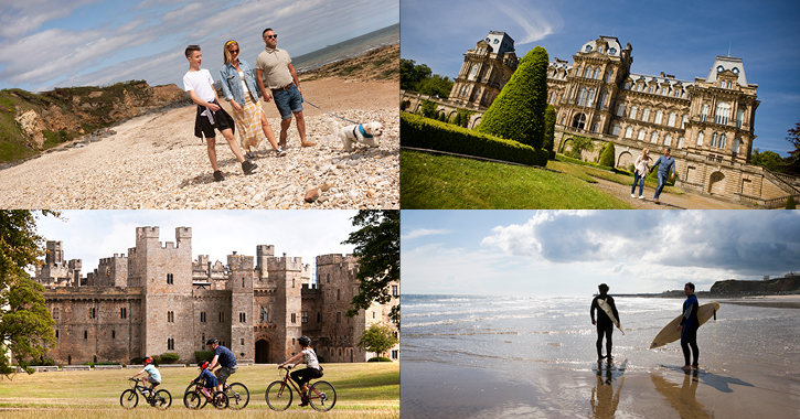 family walking on beach, couple outside The Bowes Museum, family bike ride at Raby Castle and surfers at Seaham Beach